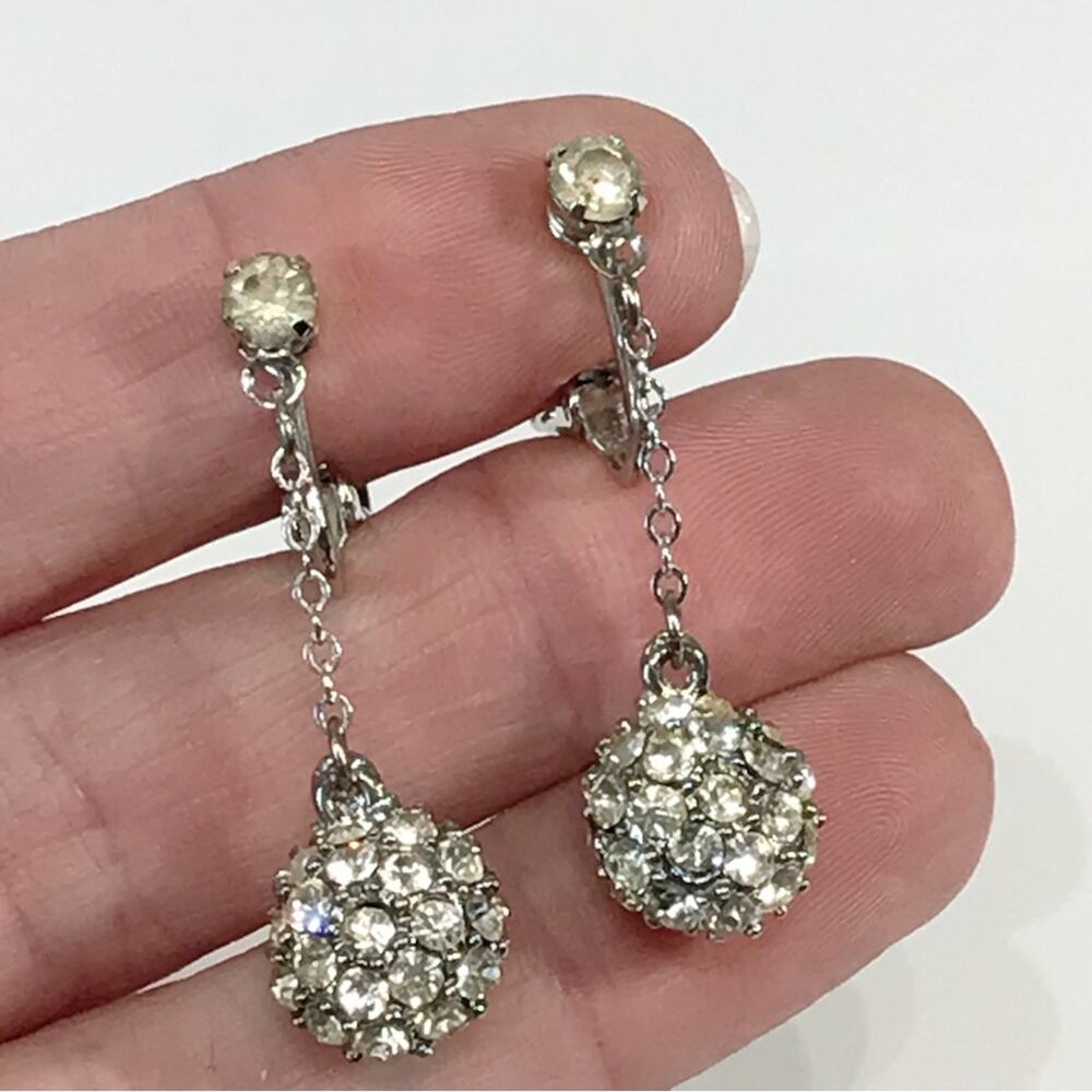 Vintage 1950s Pave Rhinestone Disco Ball Chain Drop Dangling Clip On Earrings